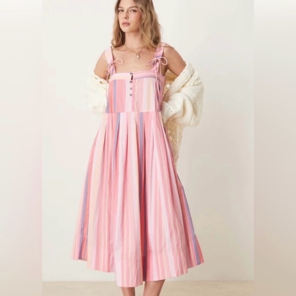 🌺 Free People Primavera Stripe Midi Dress Pink Strawberry Combo
